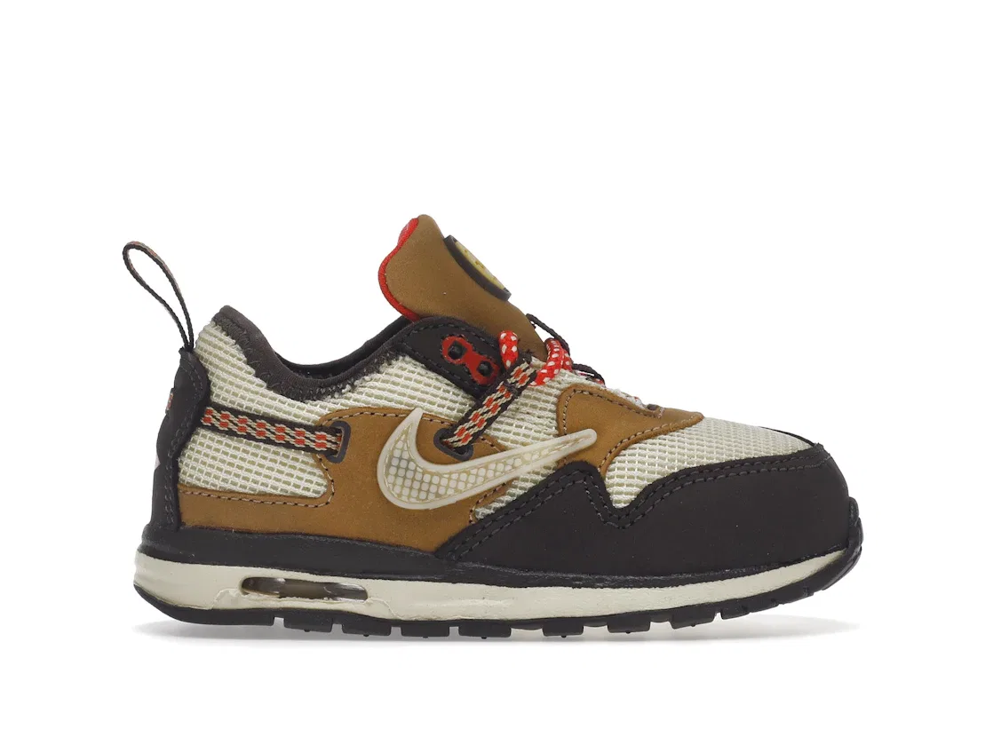 Детские кроссовки Lifestyle с принтом Nike Air Max 1 Travis Scott Cactus Jack, Baroque Brown/Lemon Drop/Wheat/Chile Red