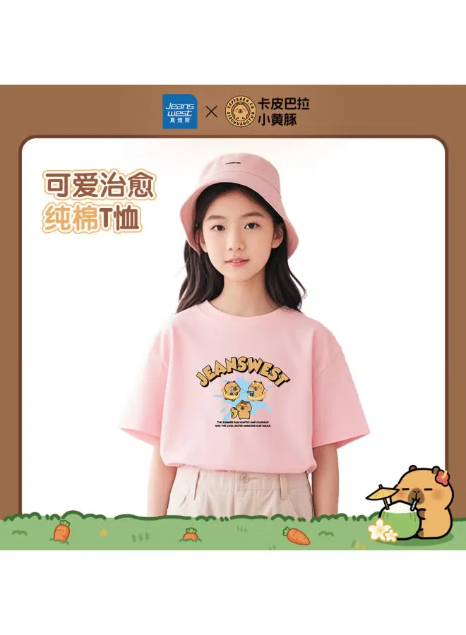 Футболка с принтом унисекс для детей Capybara x little yellow dolphin co-branded collection summer 2025 Jeanswest, розовый — фото 2