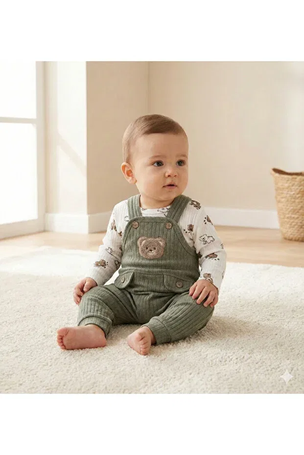 Детский комплект боди и комбинезона с вышивкой Teddy bear embroidered salopet and bodysuit baby set - ribbed, long sleeve, casual comfortable 2-piece set Myzi Store, Khaki — фото 3