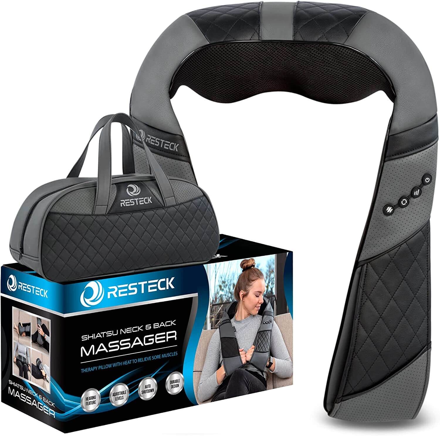 Массажер для шеи и спины с подогревом RESTECK Deep Tissue 3D, черный/серый