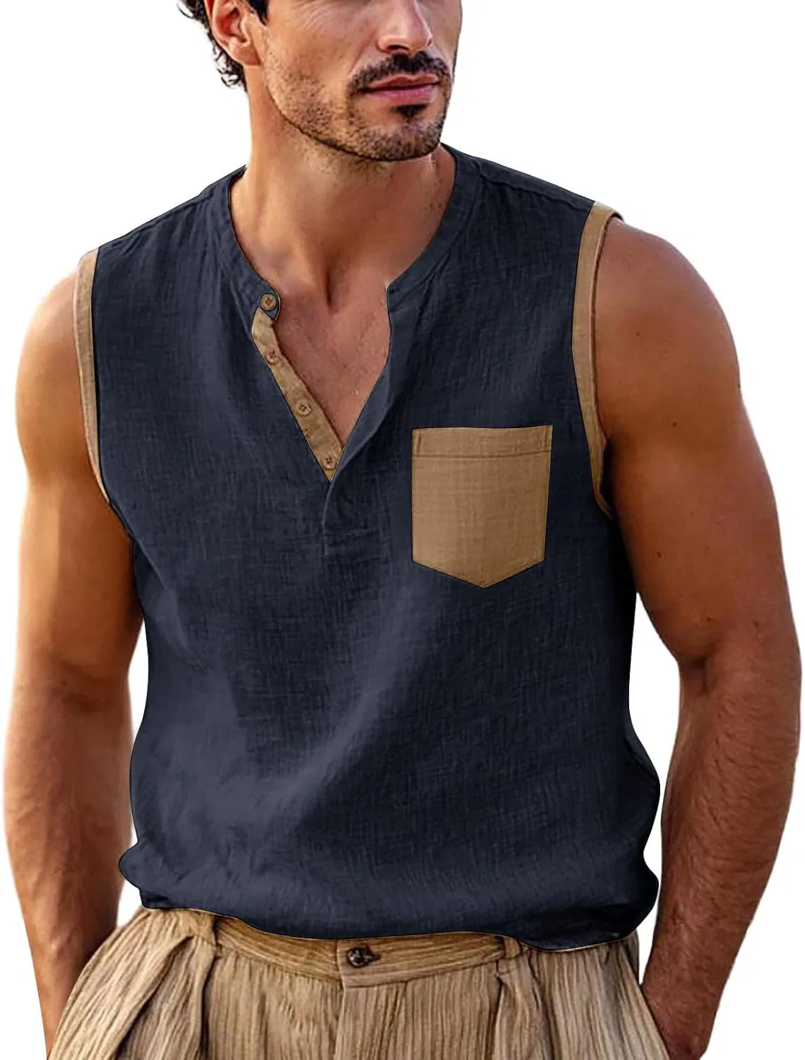 Мужская безрукавка с V-образным вырезом Cotton Linen, Navy