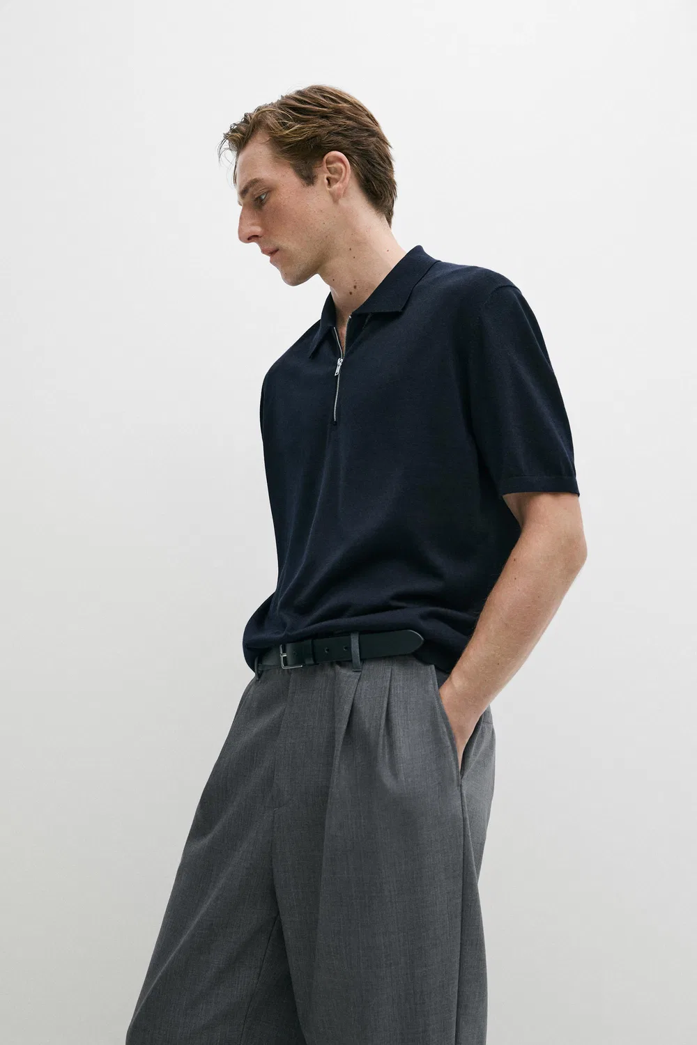 Рубашка-Поло из смесовой шерсти с застежкой-молнией Massimo Dutti, темно-синий — фото 4
