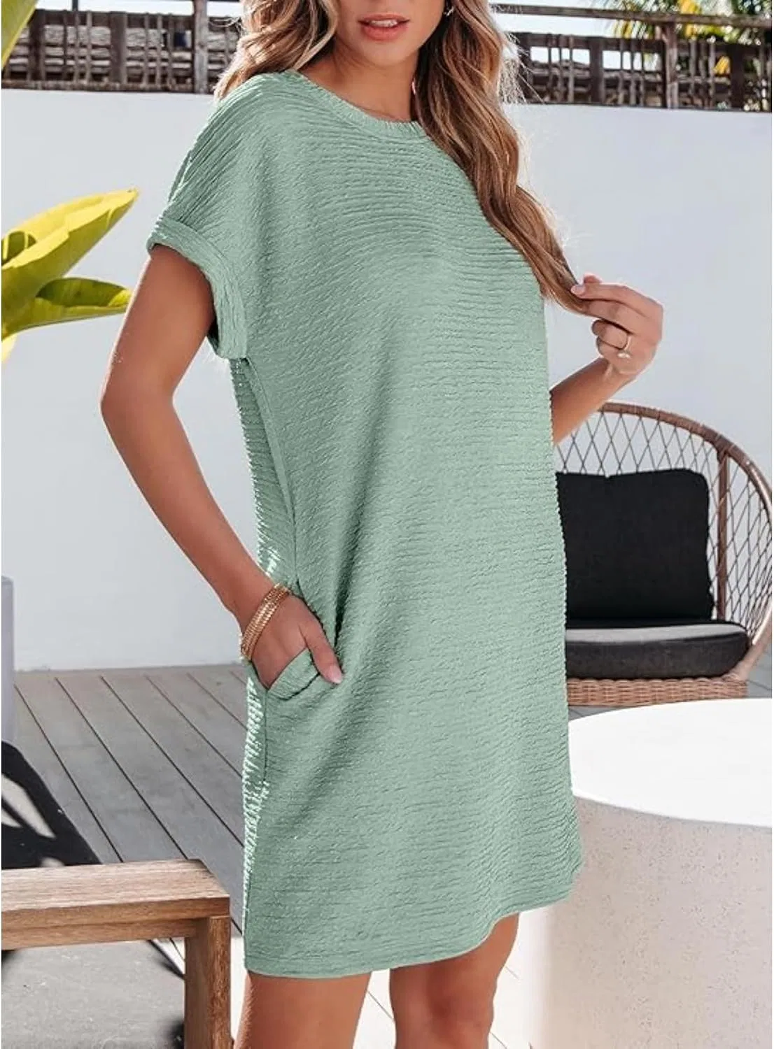 Женское свободное платье-футболка с карманами, Light Green — фото 4