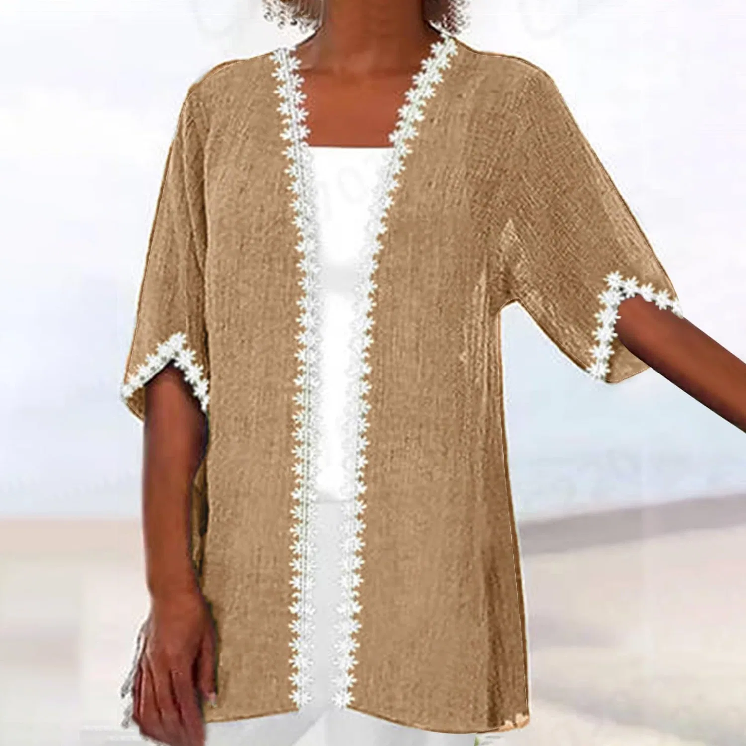 Женский легкий кардиган с рукавом 3/4 из льна, Dark Khaki — фото 2