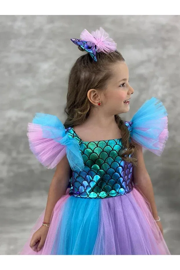 Детское платье для девочек с принтом Mermaid birthday dress Pumpido, Lilac Blue Pink — фото 4