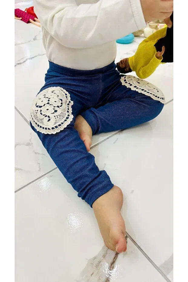 Детские леггинсы для девочек с вышивкой Lace/Guipure detailed girl's denim leggings Td Collection, Jeans Blue — фото 2