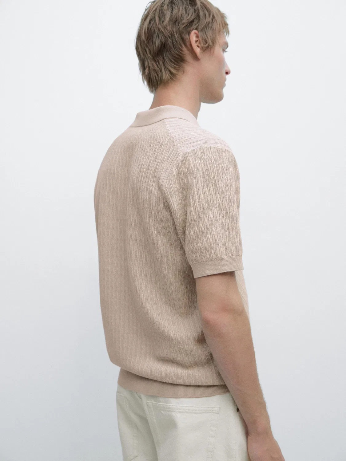 Жаккардовый вязаный свитер-поло Massimo Dutti, бежевый — фото 3