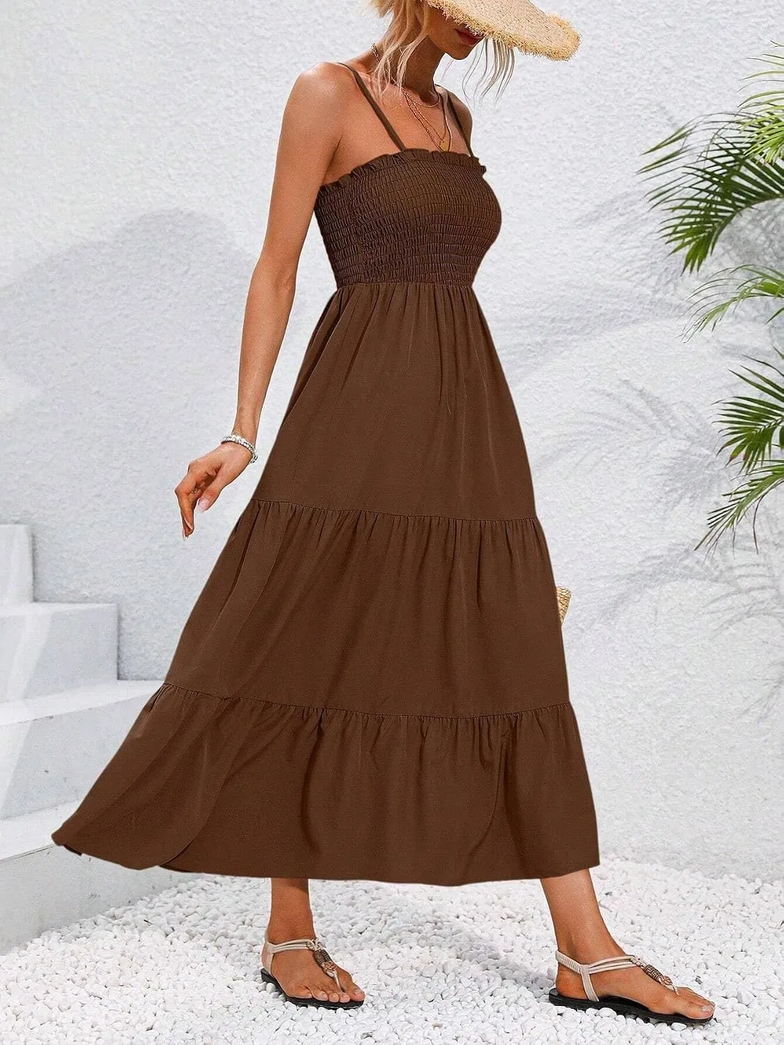 Женское макси-платье на бретелях с воланами Casual, Brown — фото 3