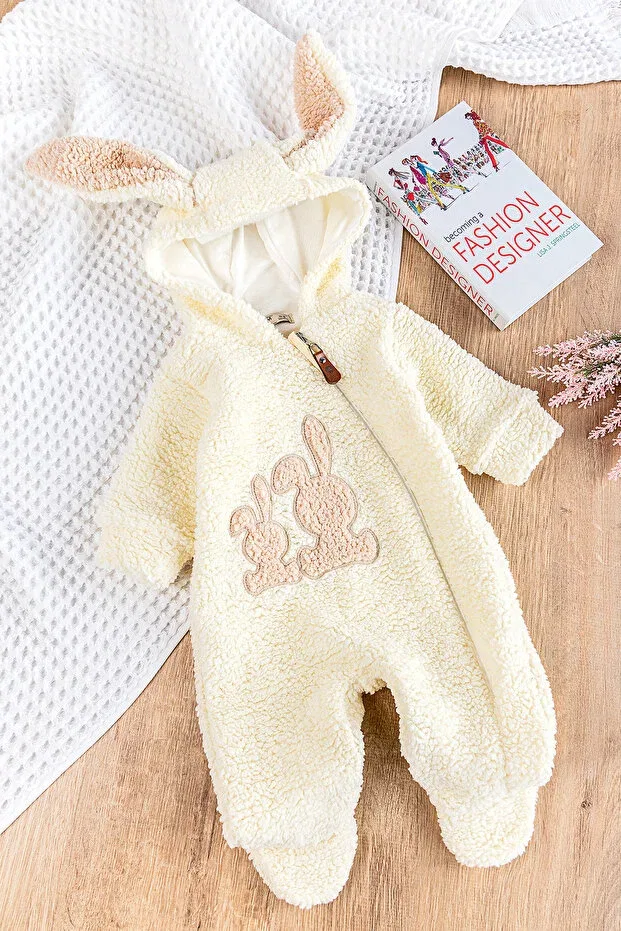 Детский комбинезон для малышей с капюшоном Rabbit Embroidered Hooded Welsoft Plush Winter Babymod, Cream