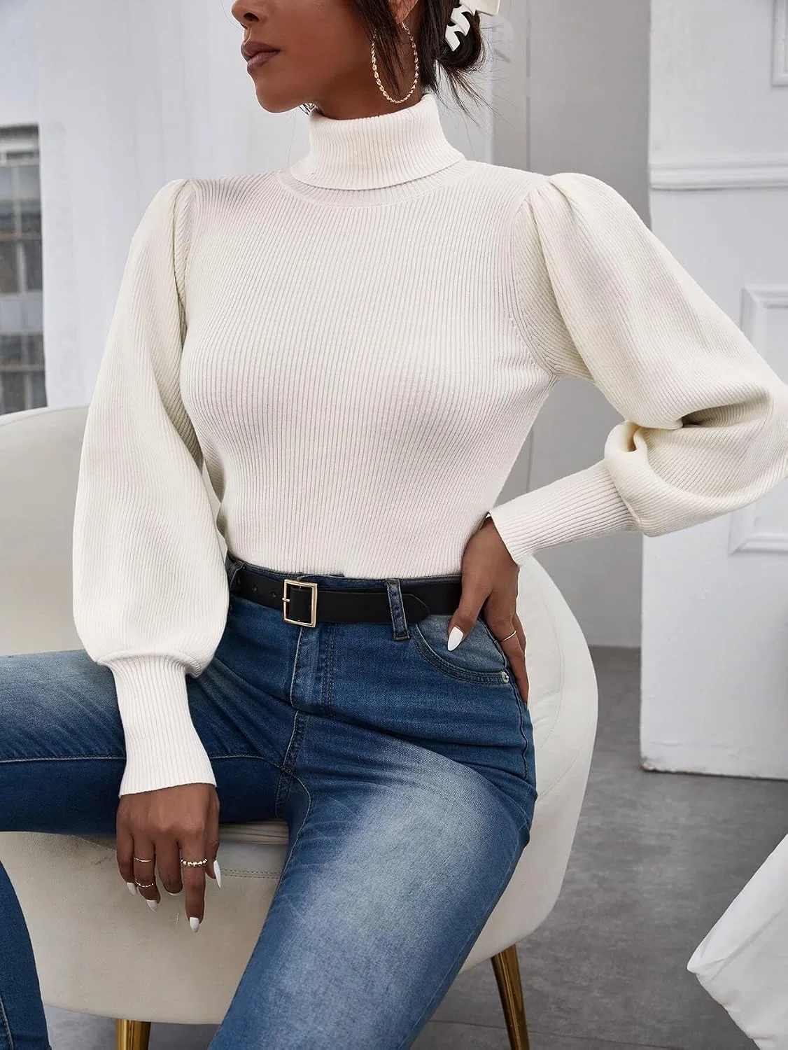 Женский свитер с высоким воротом и длинным рукавом, Rib-Knit, белый — фото 3