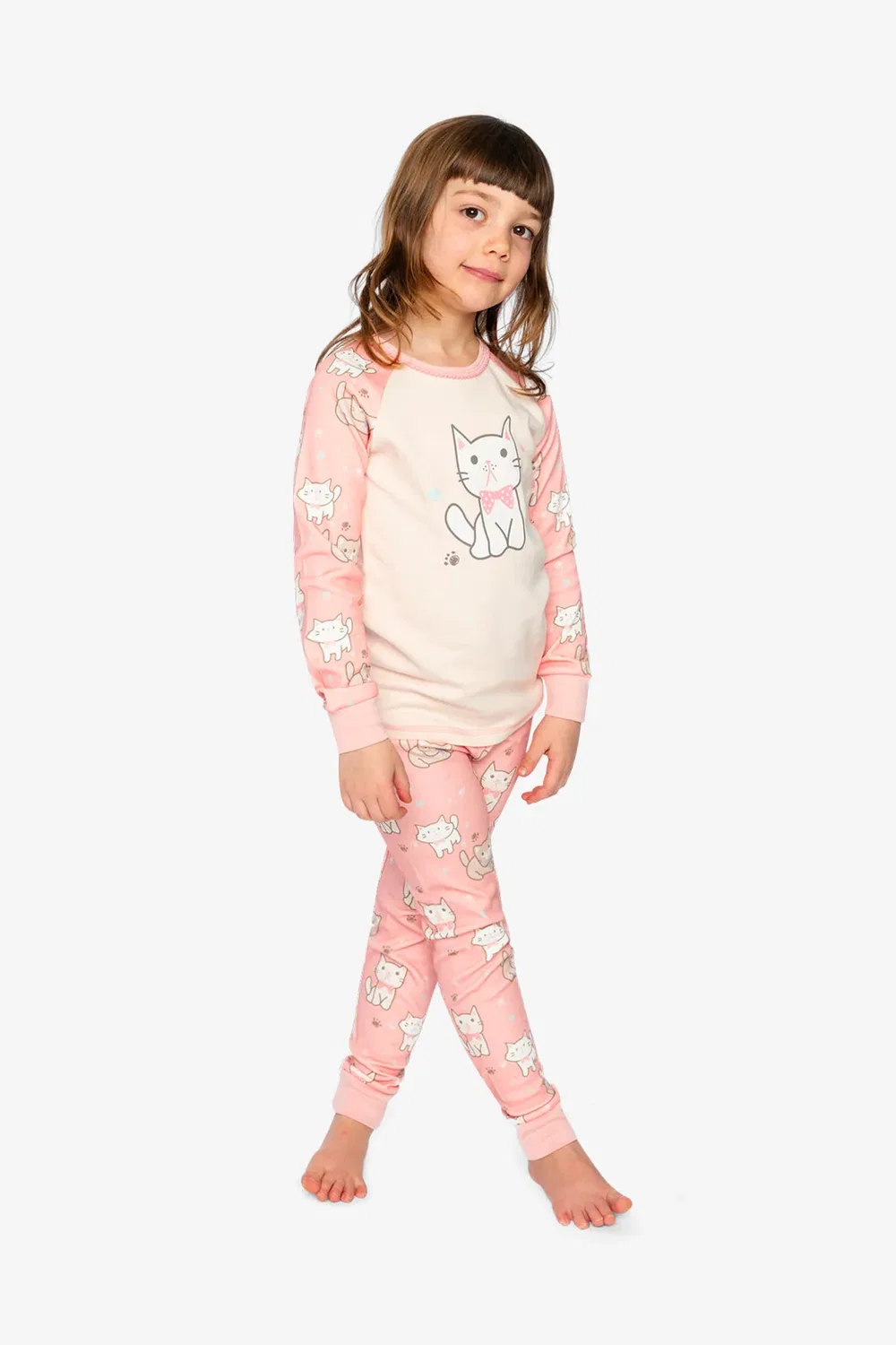 Детский комплект пижамы из органического хлопка с длинным рукавом Pink Cat Print Deux par Deux, Pink Cat Print — фото 2