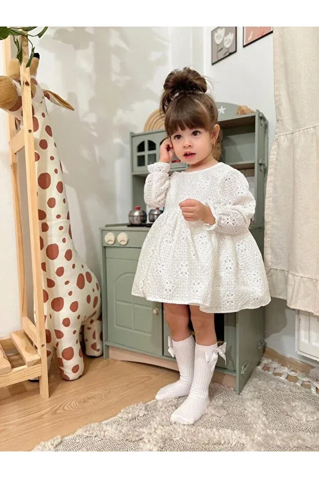 Детское платье для девочек с принтом Off-White floral patterned lace fabric long-sleeved girl's dress with bow detail for baby girls Penu Baby Kids, Ecru