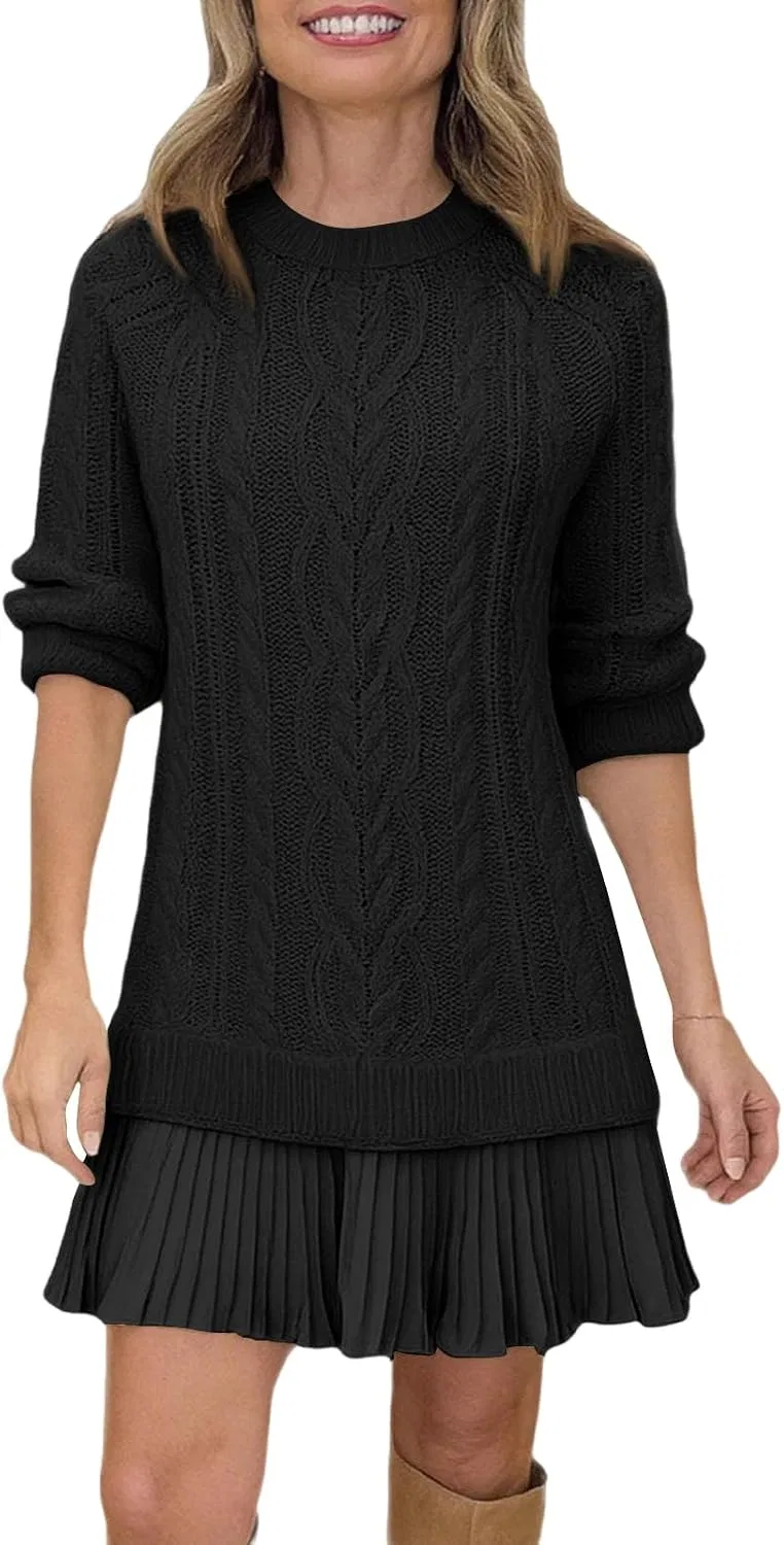 Женское мини-платье свитер с кабельной вязкой Patchwork Twofer, Black — фото 4
