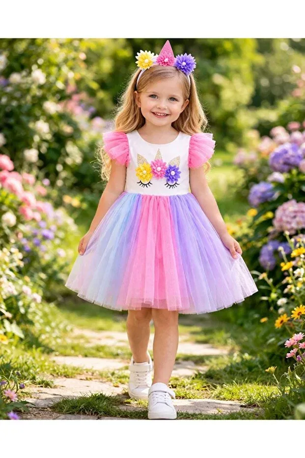 Детское платье для девочек с принтом Unicorn birthday dress + crown gift fluffy tulle princess party dress Kozadankids, Multicolor — фото 2
