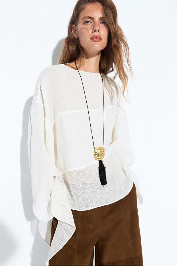 Женская рубашка из льняной смеси с фактурой Massimo Dutti, Broken White — фото 2
