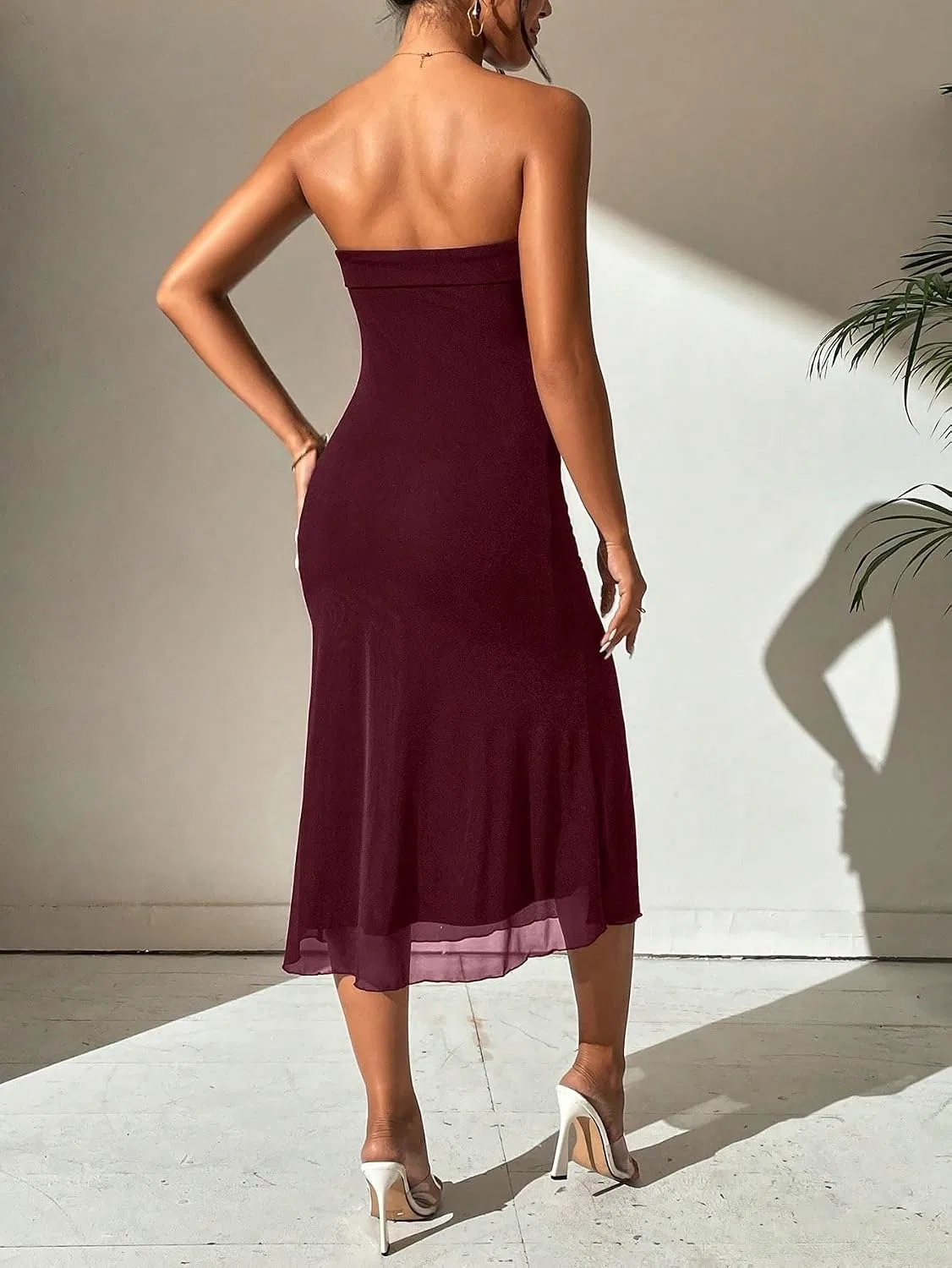 Женское миди-платье с двойным слоем сетки Tube Top, Burgundy — фото 2