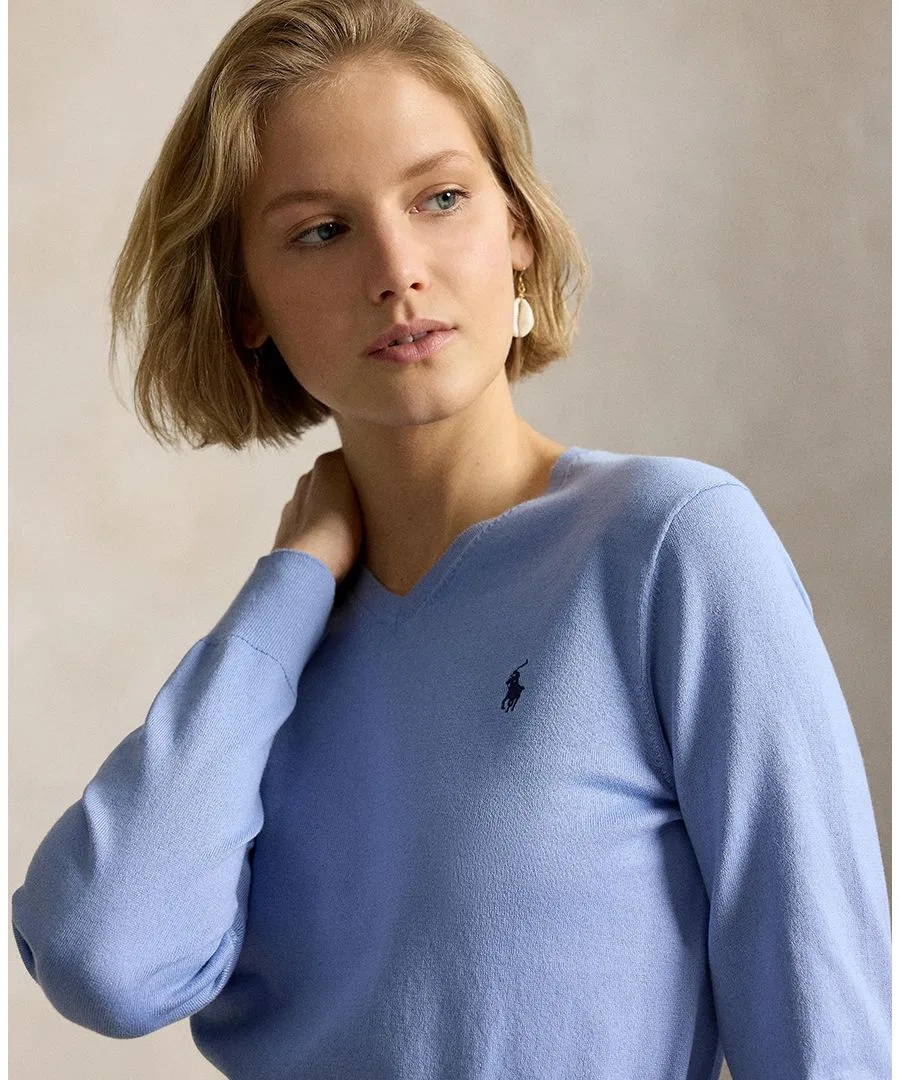 Свитер женский с V-образным вырезом, укороченный, с длинным рукавом Polo Ralph Lauren, Dress Shirt Blue — фото 3
