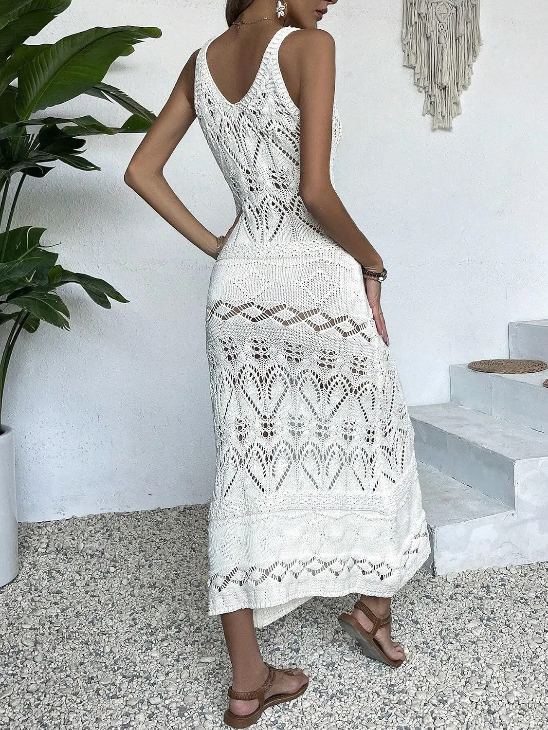 Женский пляжный костюм-накидка с вязаным кружевом, White — фото 2
