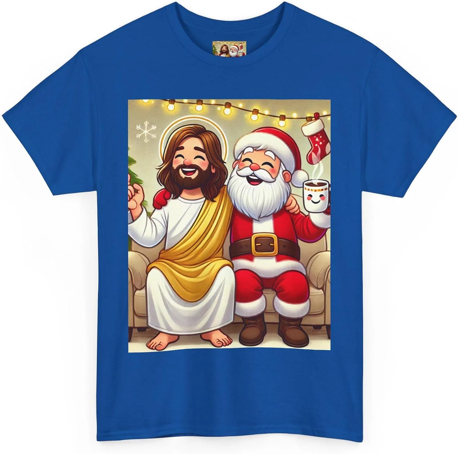 Женская футболка с принтом Funny Santa Jesus Hanging Out, королевский синий — фото 3