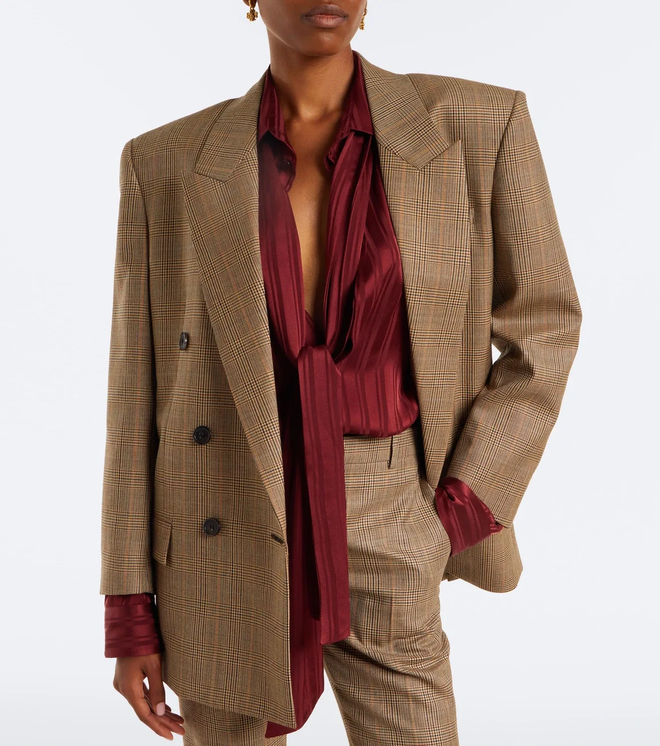 Двубортный пиджак из шерсти Prince of Wales, Saint Laurent, бежевый Marron Marine — фото 3