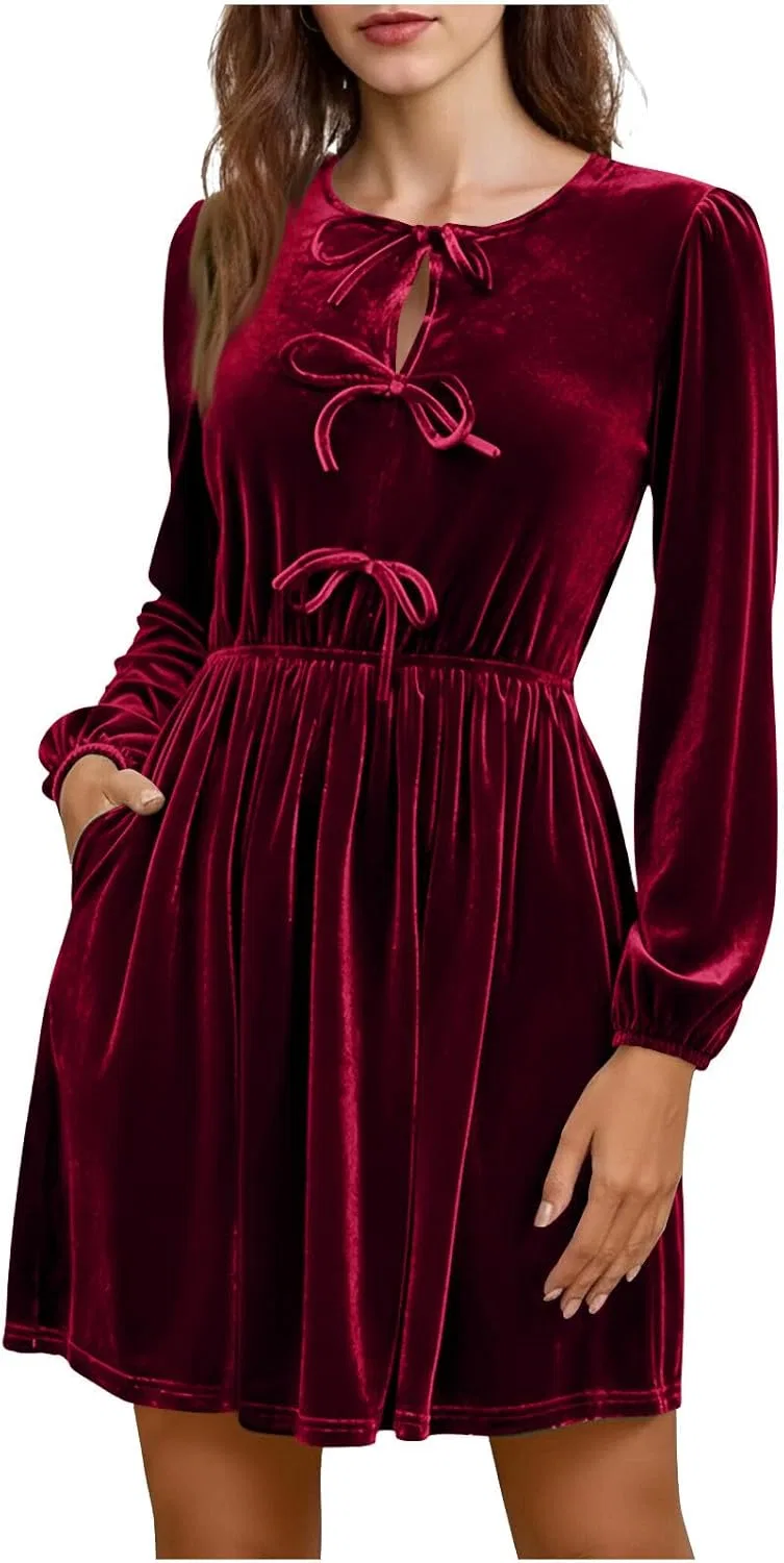 Женское бархатное платье с бантом Casual A-Line, Wine
