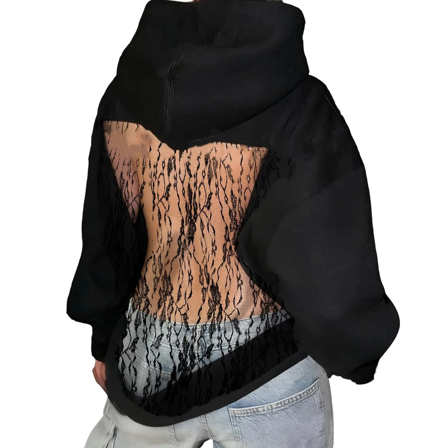 Женский худи с капюшоном, с длинным рукавом, Y2K Oversized, B-black