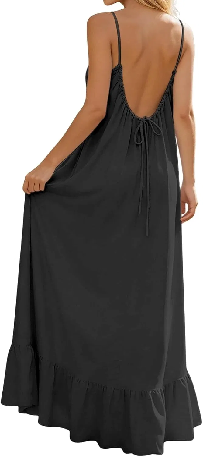 Женское летнее макси-платье на бретелях с рюшами Cotton Linen, Black