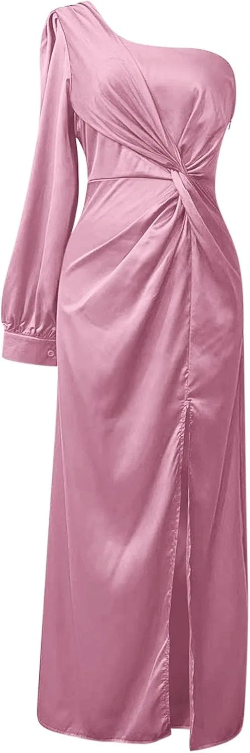 Женское вечернее платье макси с одним плечом и разрезом, Pink — фото 3