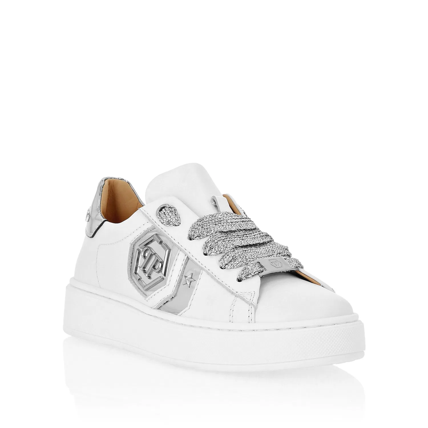 Детские кеды из телячьей кожи Philipp Plein, White/Silver