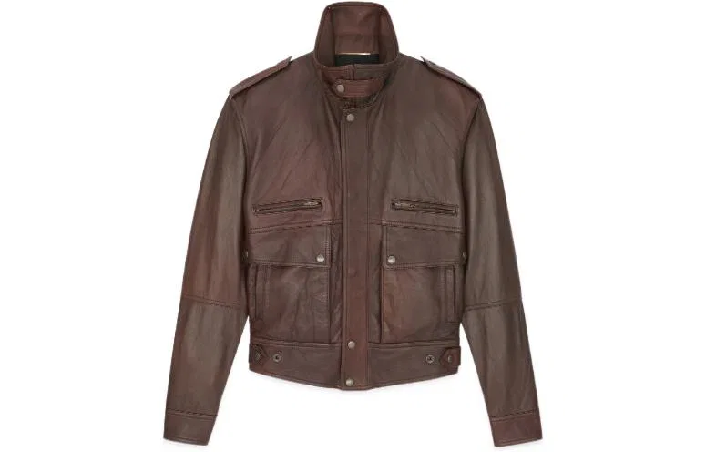 Женская кожаная куртка с принтом Brown-Beige SAINT LAURENT, Brown Beige