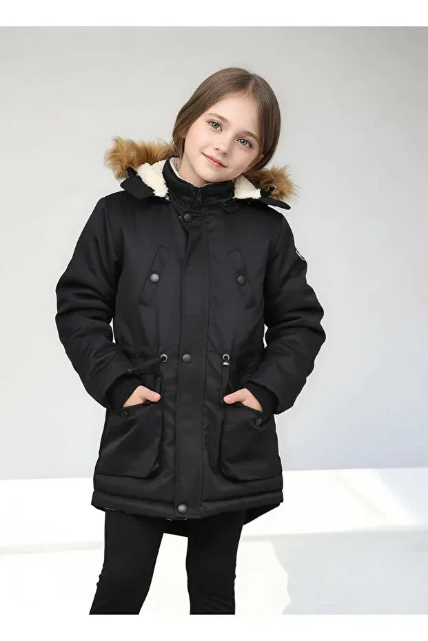 Детское зимнее пальто для девочек с капюшоном Kurak Tekstil, Black