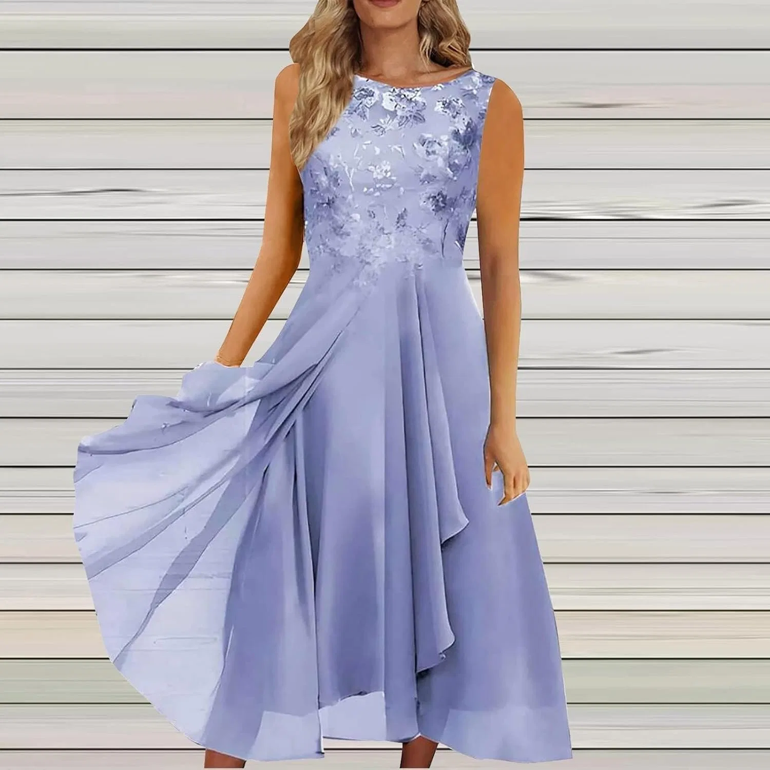 Женское длинное шифоновое платье с разрезом и цветочным кружевом, Blue — фото 2