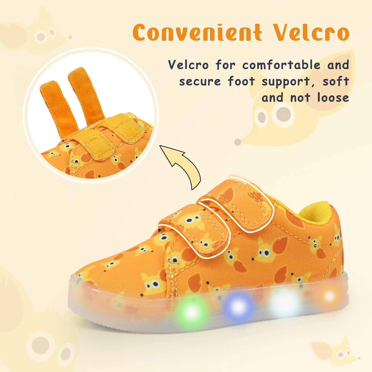 Детские кроссовки для девочек со светящейся подошвой Vivaki YESKIS, Orange Fox Light Up Shoes — фото 3