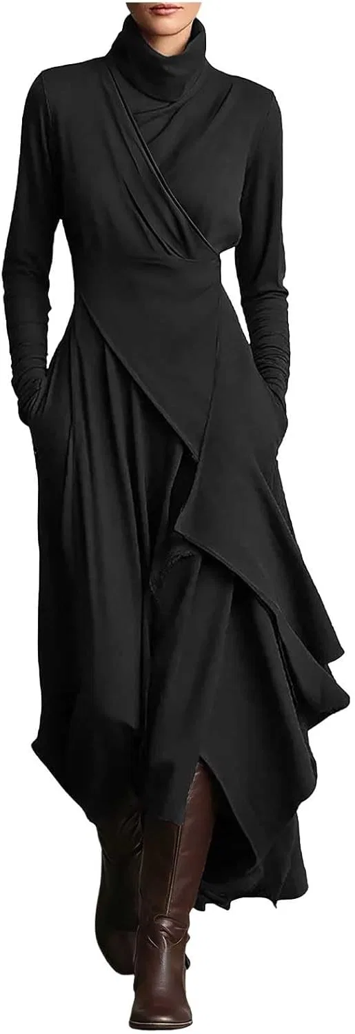 Женское длинное платье с высоким воротом водолазка, Black