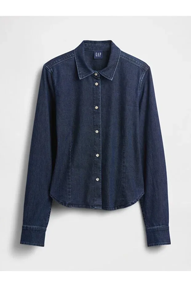 Женская приталенная джинсовая рубашка с длинным рукавом Gap, Dark Blue — фото 3