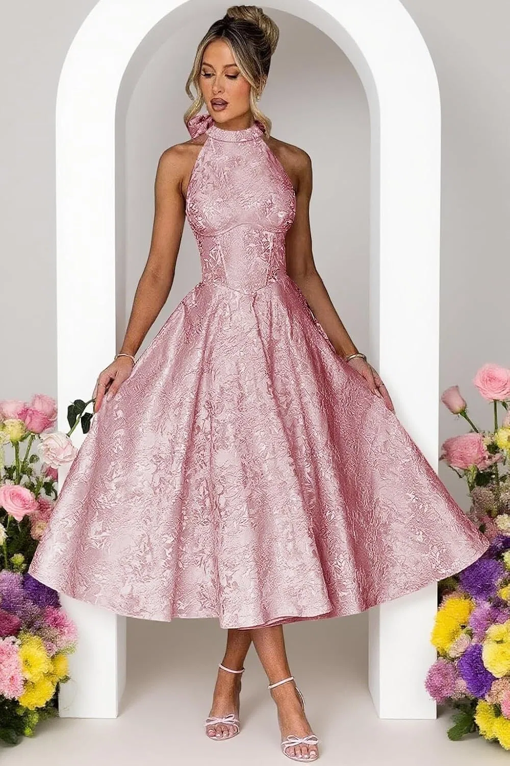 Женское вечернее платье A-силуэта с бантом Jacquard Satin, Yellow — фото 3