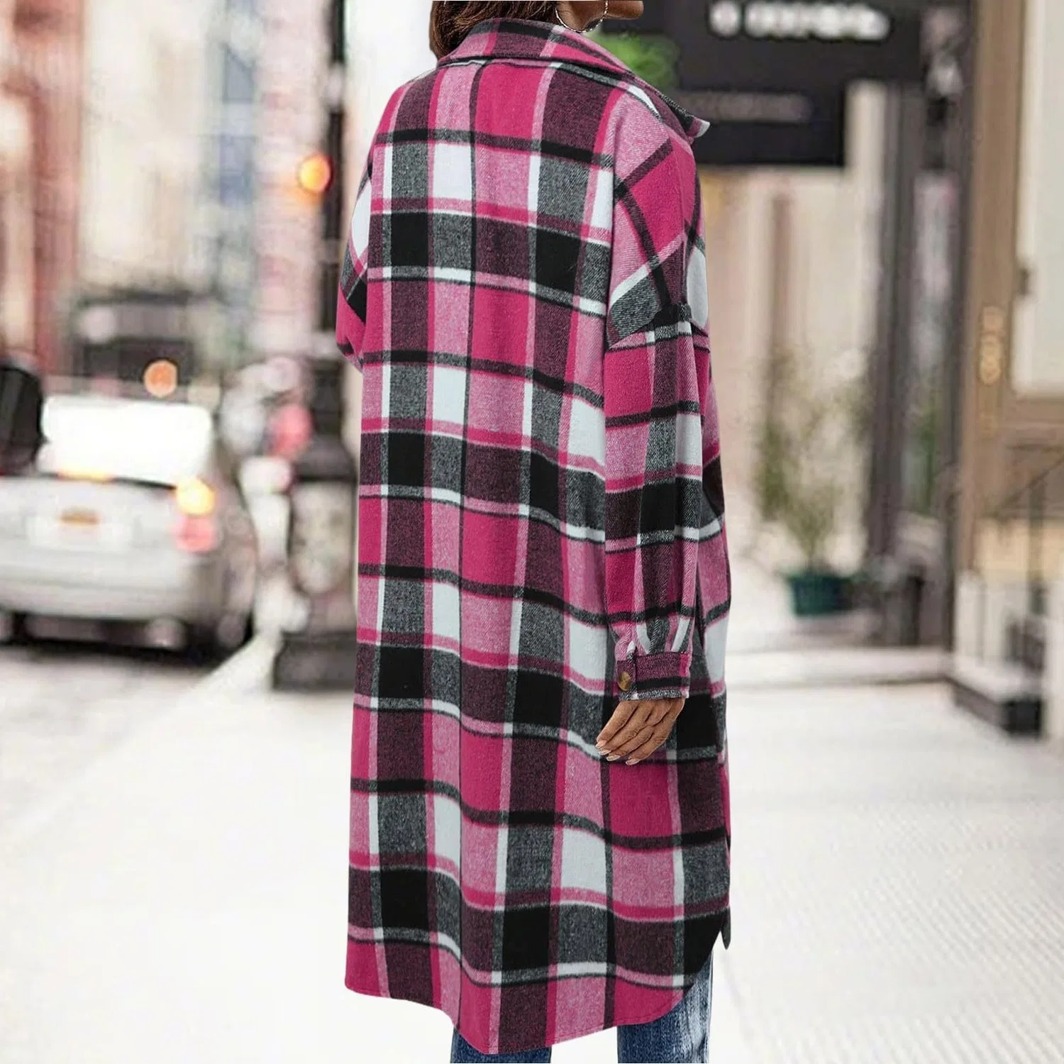 Женская рубашка-куртка с принтом в клетку Oversized Plaid Shacket, Rosa acceso — фото 3