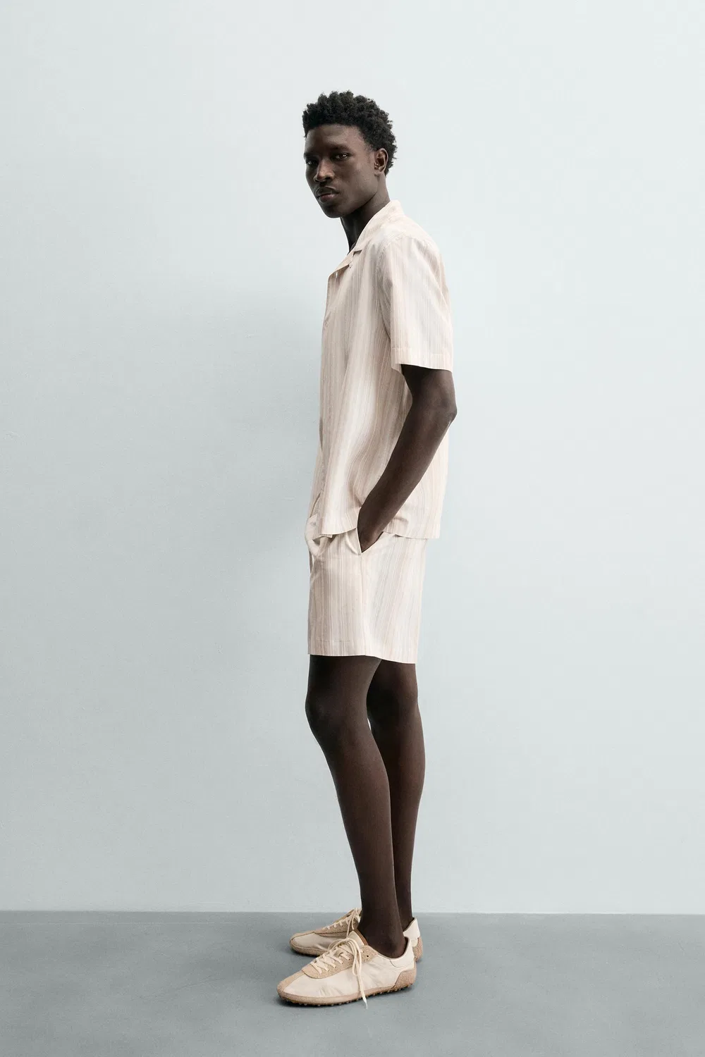 Полосатые шорты-бермуды свободного кроя ZARA, Light beige — фото 4