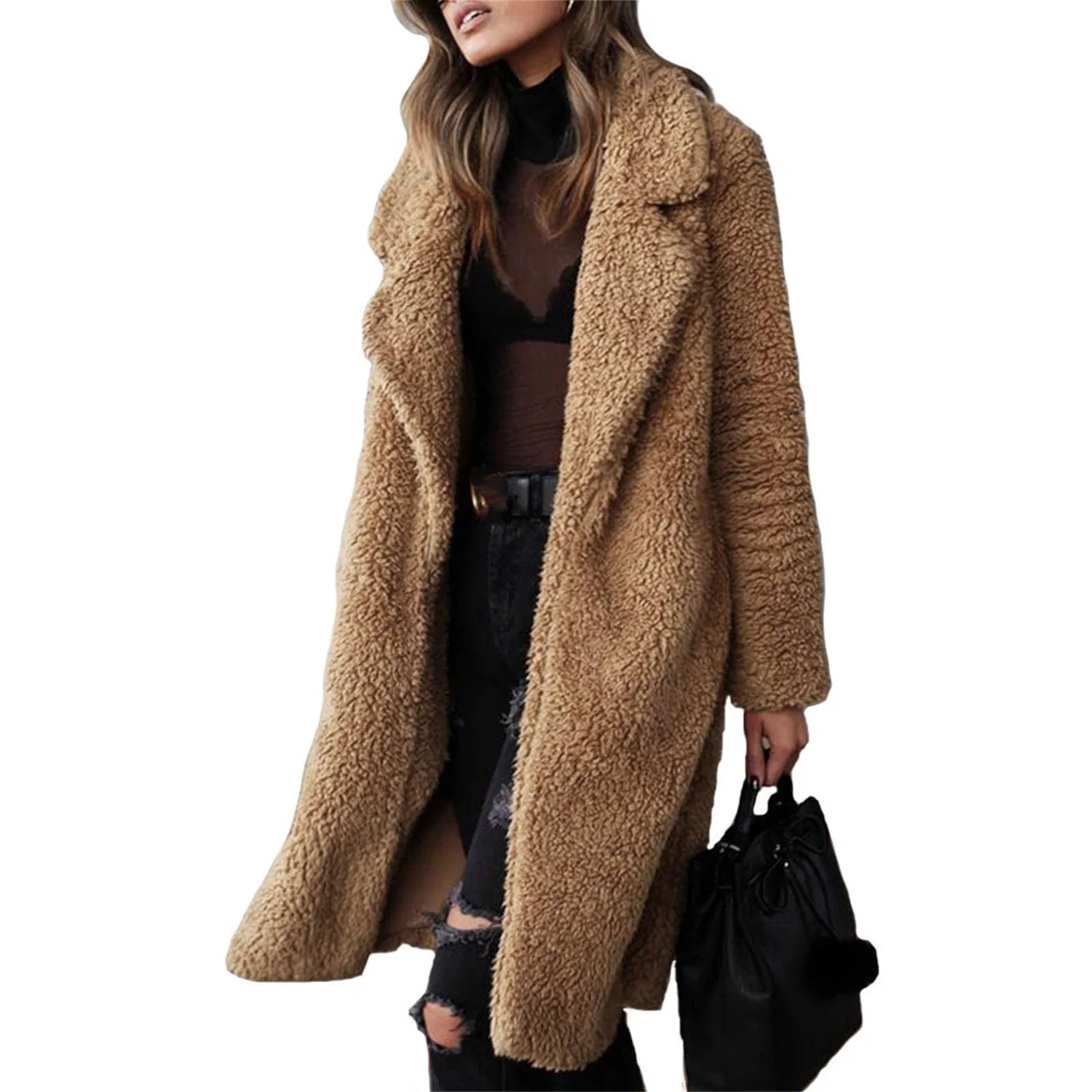 Женское пальто из искусственного меха с длинным рукавом, свободного кроя, b-dark camel