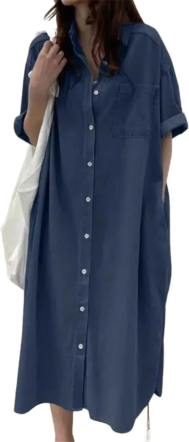 Женское ковбойское платье миди с воротником Casual, Deep Blue