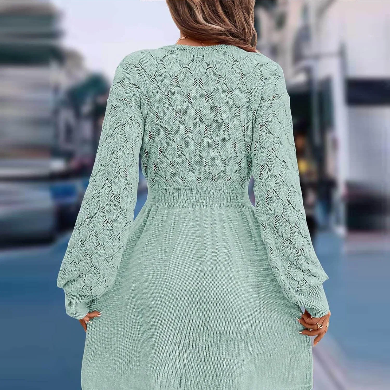 Женское платье с V-образным вырезом и высокой талией, Light Blue — фото 4