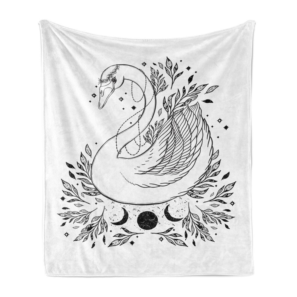 

ABAKUHAUS Swan Мягкое фланелевое флисовое одеяло, мистическая художественная птица, украшенная листьями, уютный плюш для использования в помещении и на улице, 125 x 175 см, угольно-серый и белый
