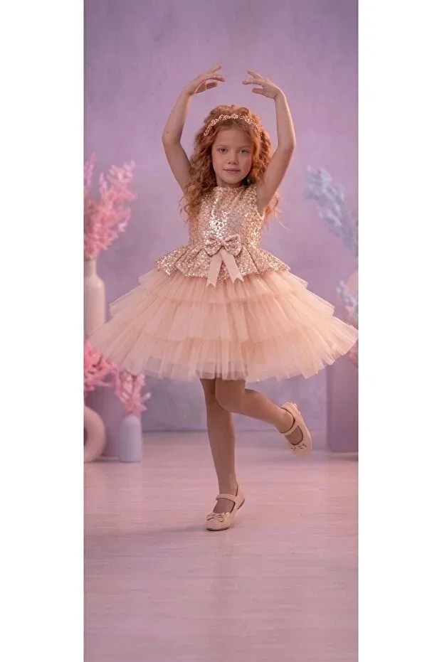 Детское платье для девочек с блестками Birthday Delfini Kids, Salmon — фото 4