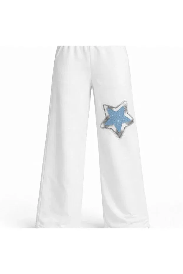 Детские спортивные штаны для девочек с принтом Wide Leg Sweatpants With Star Appliqué Lolliboomkids, White — фото 4