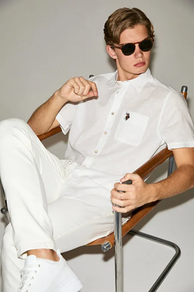 Мужская рубашка с коротким рукавом из льняной смеси U.S. Polo Assn., White