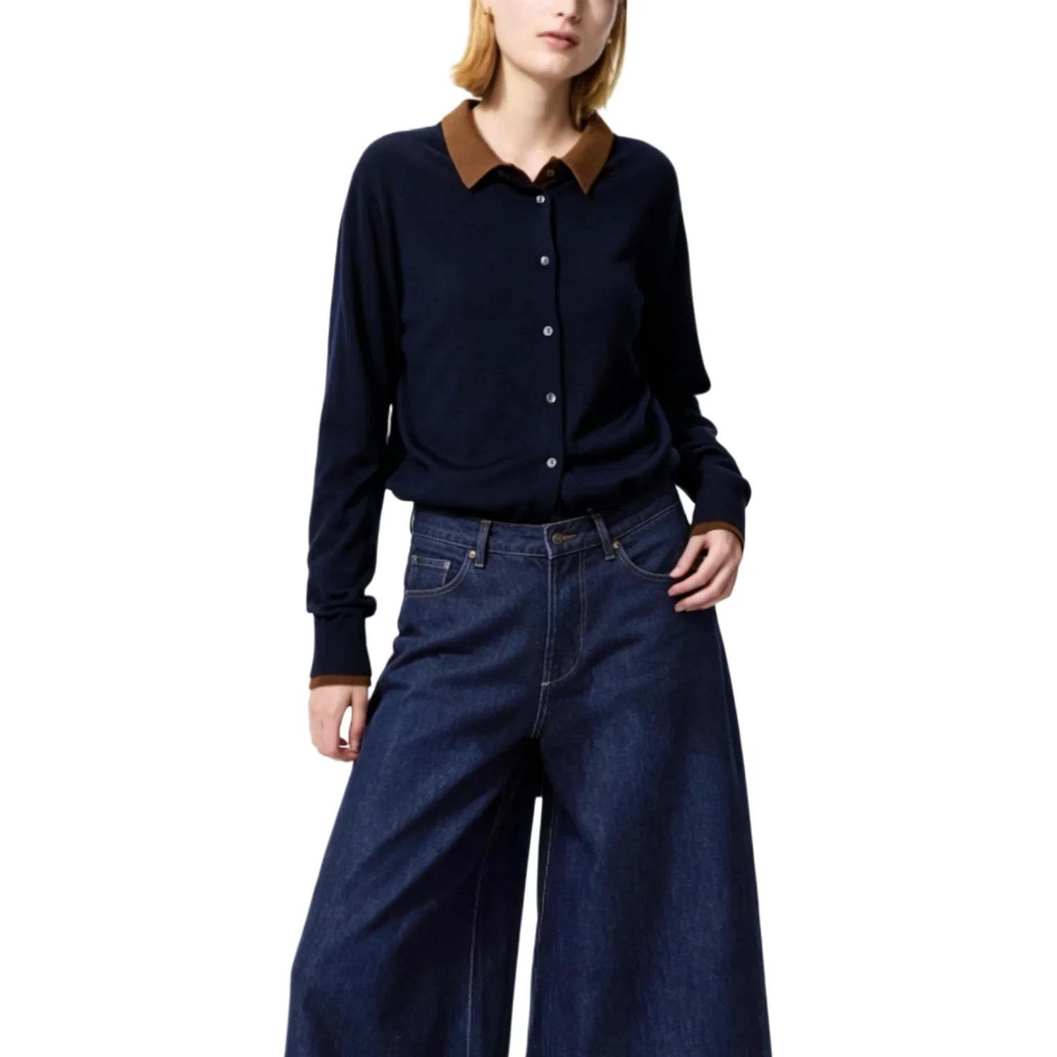 Женский свитер с круглым вырезом, с длинным рукавом, UNIQLO, Marine Blue