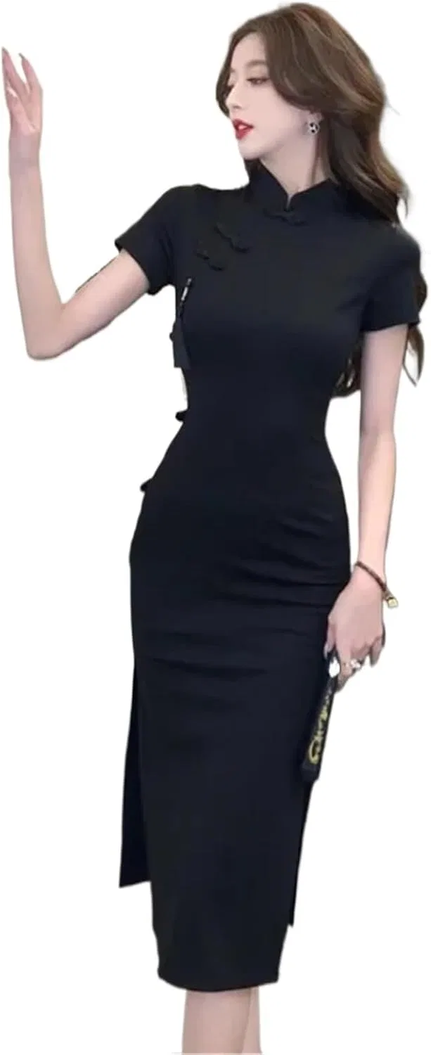 Женское мини-платье Qipao с вышивкой, Black