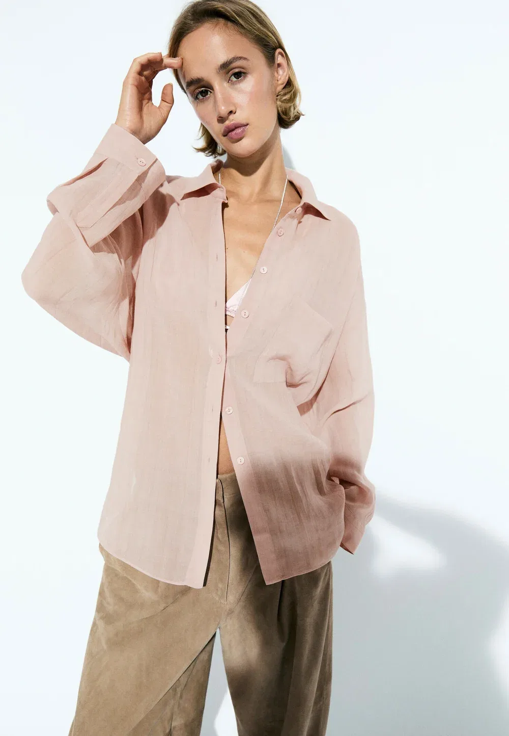 Струящаяся рубашка из рами с карманами - блузка на пуговицах Massimo Dutti, Pink
