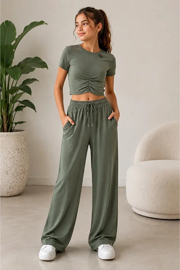 Детское для девочек футболка-кроп с коротким рукавом Loco Loco, Khaki Green