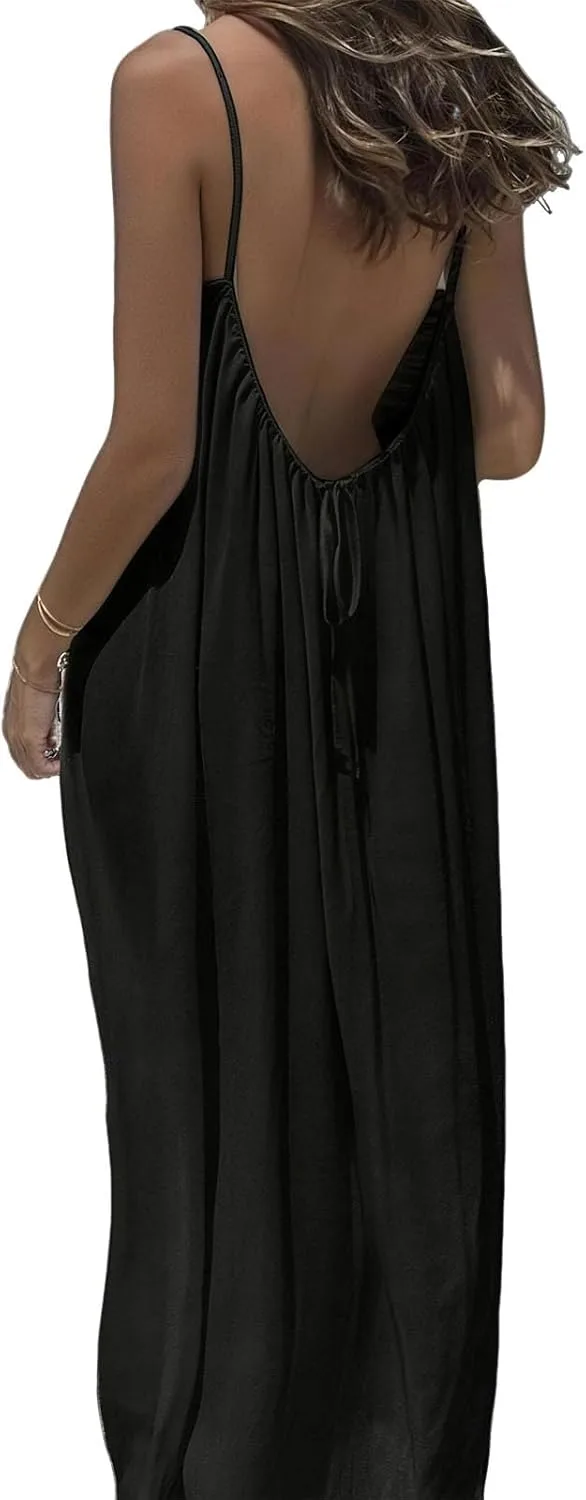 Платье-ками Backless, женское однотонное платье-ками Backless, длинное летнее платье без рукавов для дома, сексуальное летнее платье-комбинация Generic, черный